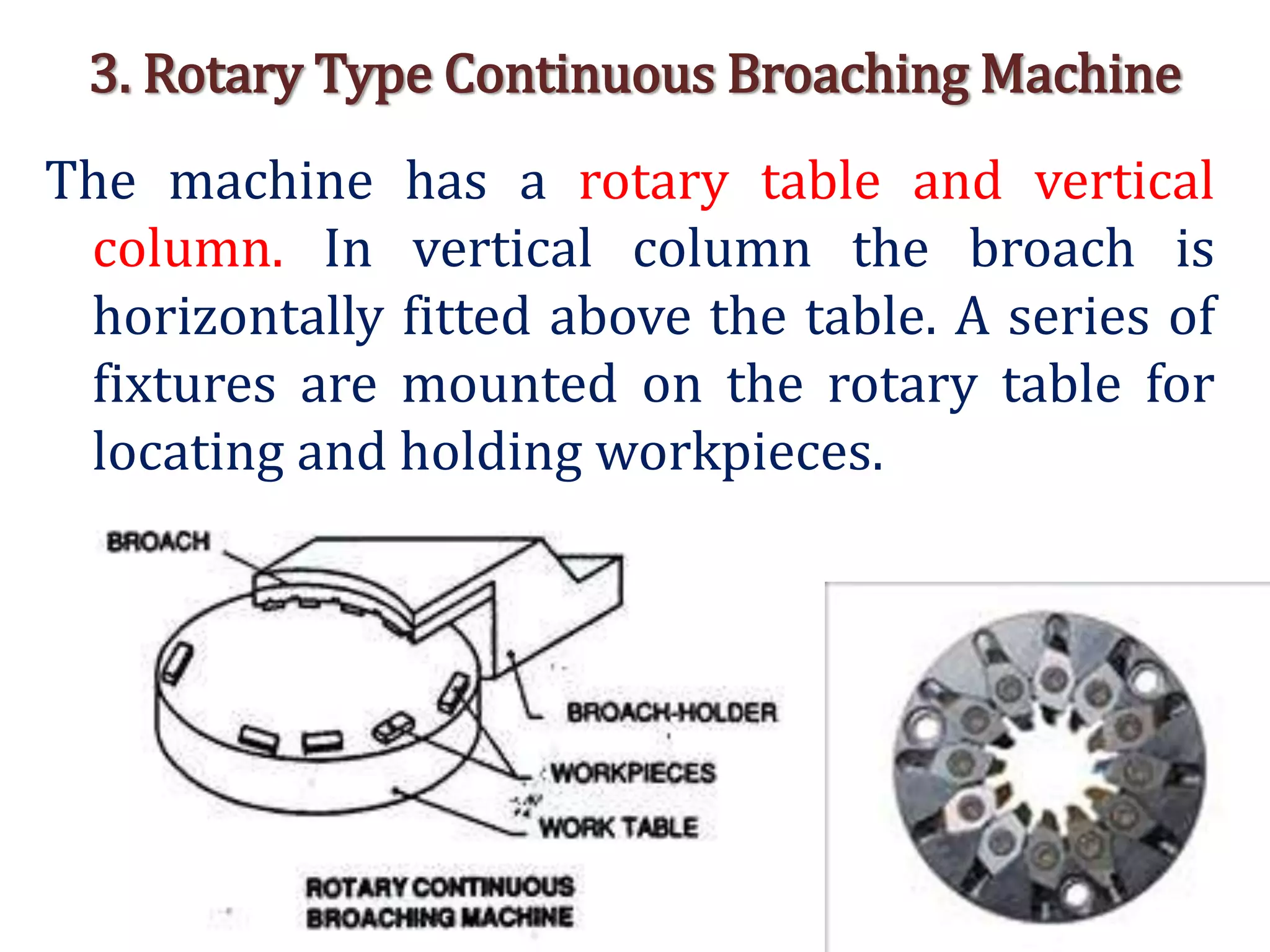3. Rotary Type Continuous Broaching Machine
The machine has a rotary table and vertical
column. In vertical column the broach is
horizontally fitted above the table. A series of
fixtures are mounted on the rotary table for
locating and holding workpieces.
 
