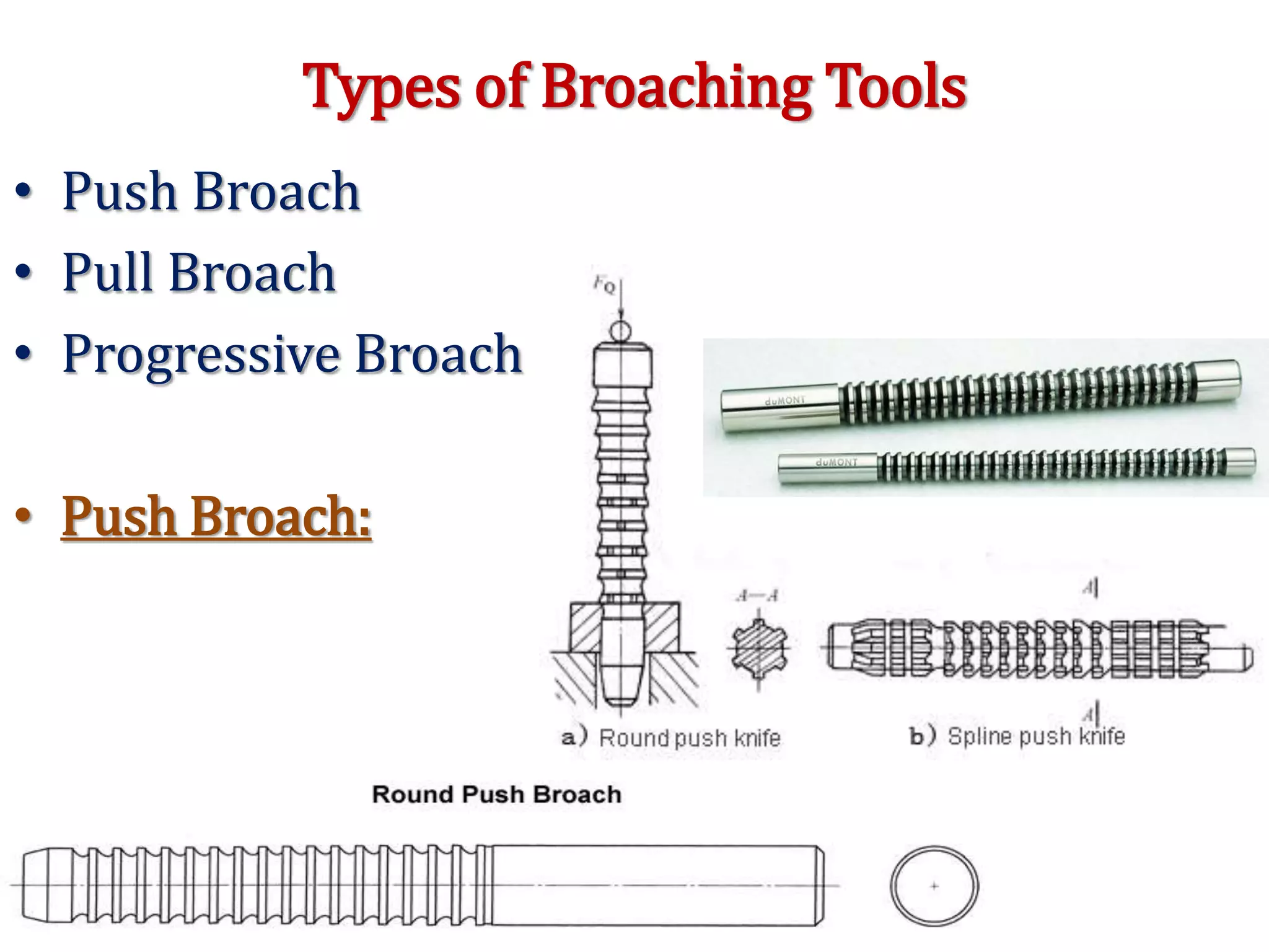 Types of Broaching Tools
• Push Broach
• Pull Broach
• Progressive Broach
• Push Broach:
 