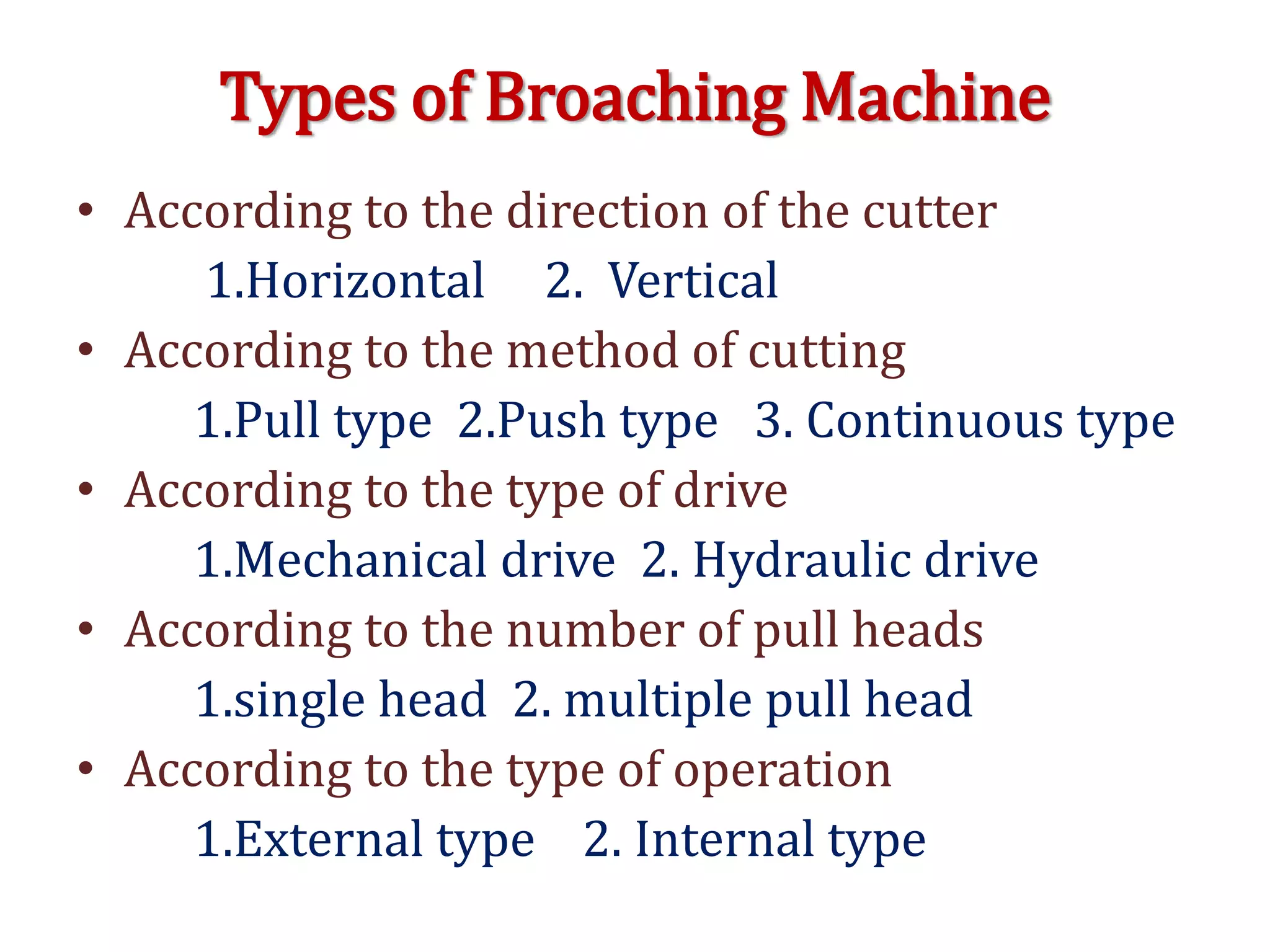 Types of Broaching Machine
• According to the direction of the cutter
1.Horizontal 2. Vertical
• According to the method of cutting
1.Pull type 2.Push type 3. Continuous type
• According to the type of drive
1.Mechanical drive 2. Hydraulic drive
• According to the number of pull heads
1.single head 2. multiple pull head
• According to the type of operation
1.External type 2. Internal type
 
