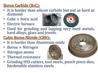 Boron Carbide (B4C):
• It is harder than silicon carbide but not as hard as
diamond
• Coke + boric acid
• Electric furnace
• Used for grinding and lapping very hard metals,
hard alloys, glass and jewels.
Cubic Boron Nitride (CBN):
• It is harder than Aluminum oxide
• Boron + Nitrogen
• Nitrogen atoms
• Thermal resistance
• Grinding HSS cutters, tool steels, punch press dies,
hardenable stainless steels
 