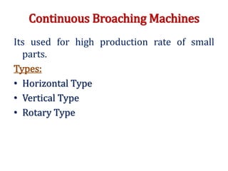 Continuous Broaching Machines
Its used for high production rate of small
parts.
Types:
• Horizontal Type
• Vertical Type
• Rotary Type
 