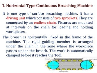 1. Horizontal Type Continuous Broaching Machine
It is one type of surface broaching machine. It has a
driving unit which consists of two sprockets. They are
connected by an endless chain. Fixtures are mounted
at intervals on the chain for loading and holding
workpieces.
The broach is horizontally fixed in the frame of the
machine. The rigid guiding member is arranged
under the chain in the zone where the workpiece
passes under the broach. The work is automatically
clamped before it reaches the Tool.
 