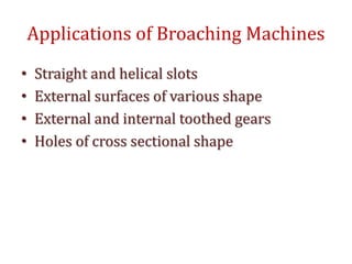 Applications of Broaching Machines
• Straight and helical slots
• External surfaces of various shape
• External and internal toothed gears
• Holes of cross sectional shape
 