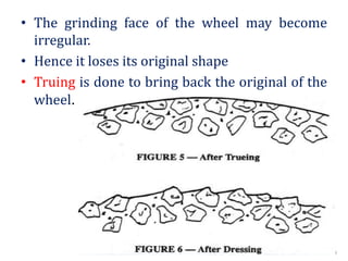 • The grinding face of the wheel may become
irregular.
• Hence it loses its original shape
• Truing is done to bring back the original of the
wheel.
 