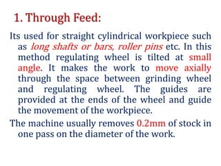 1. Through Feed:
Its used for straight cylindrical workpiece such
as long shafts or bars, roller pins etc. In this
method regulating wheel is tilted at small
angle. It makes the work to move axially
through the space between grinding wheel
and regulating wheel. The guides are
provided at the ends of the wheel and guide
the movement of the workpiece.
The machine usually removes 0.2mm of stock in
one pass on the diameter of the work.
 