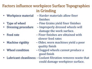 Factors influence workpiece Surface Topographies
in Grinding
• Workpiece material – Harder materials allow finer
finishes
• Type of wheel – Fine Grains yield finer finishes
• Dressing procedure – Improperly dressed wheels will
damage the work surface.
• Feed rate – Finer finishes are obtained with
slower feed rates
• Machine rigidity – Older, worn machines yield a poor
quality finish
• Wheel condition – Clogged wheels cannot produce a
good finish
• Lubricant cleanliness – Coolant filtration removes waste that
could damage workpiece surface.
 