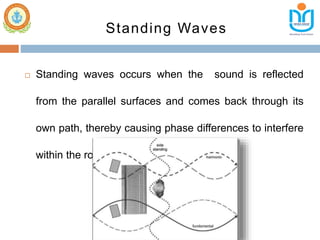  Standing waves occurs when the sound is reflected
from the parallel surfaces and comes back through its
own path, thereby causing phase differences to interfere
within the room.
Standing Waves
 