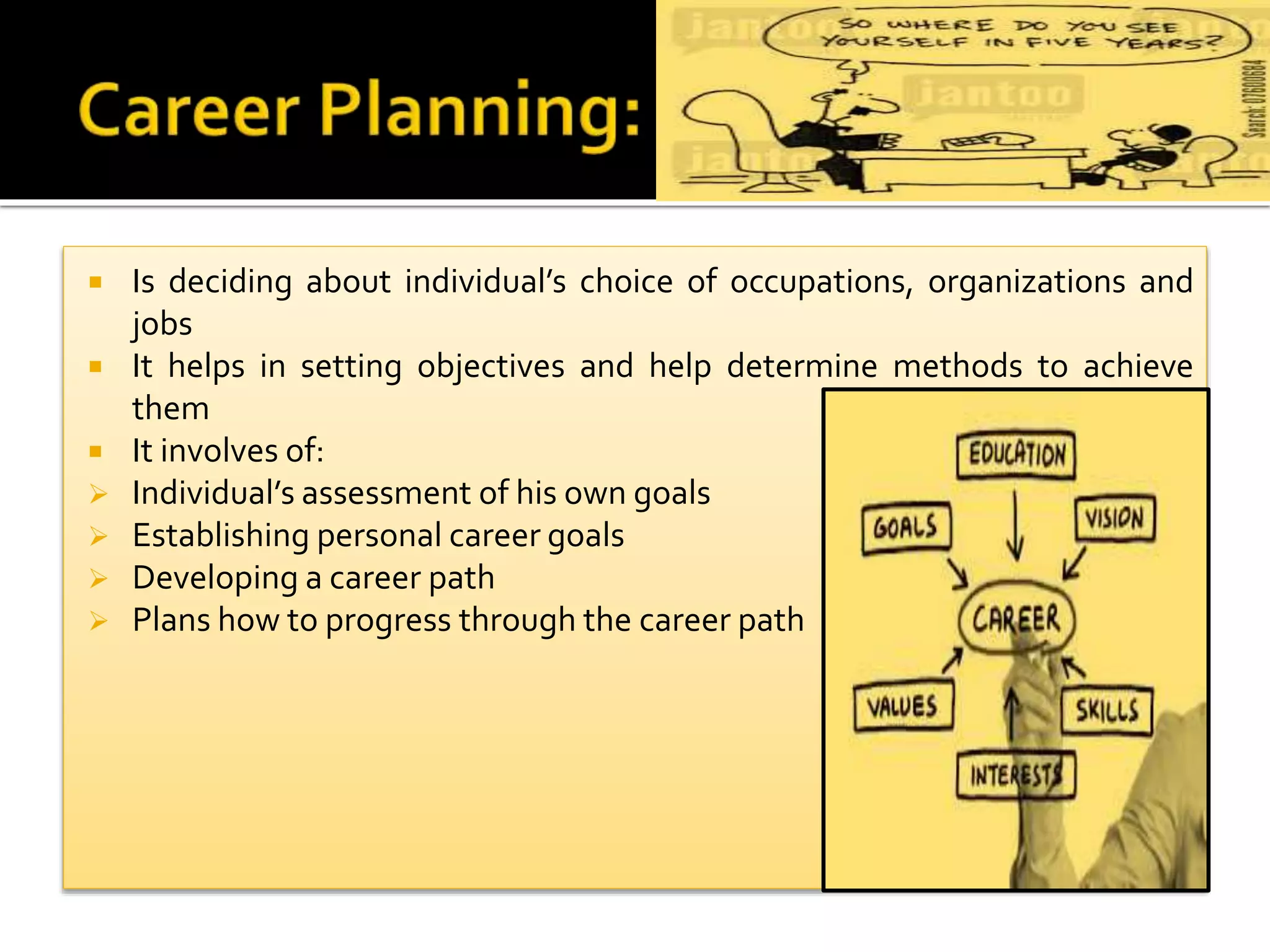  Is deciding about individual’s choice of occupations, organizations and
jobs
 It helps in setting objectives and help determine methods to achieve
them
 It involves of:
 Individual’s assessment of his own goals
 Establishing personal career goals
 Developing a career path
 Plans how to progress through the career path
 
