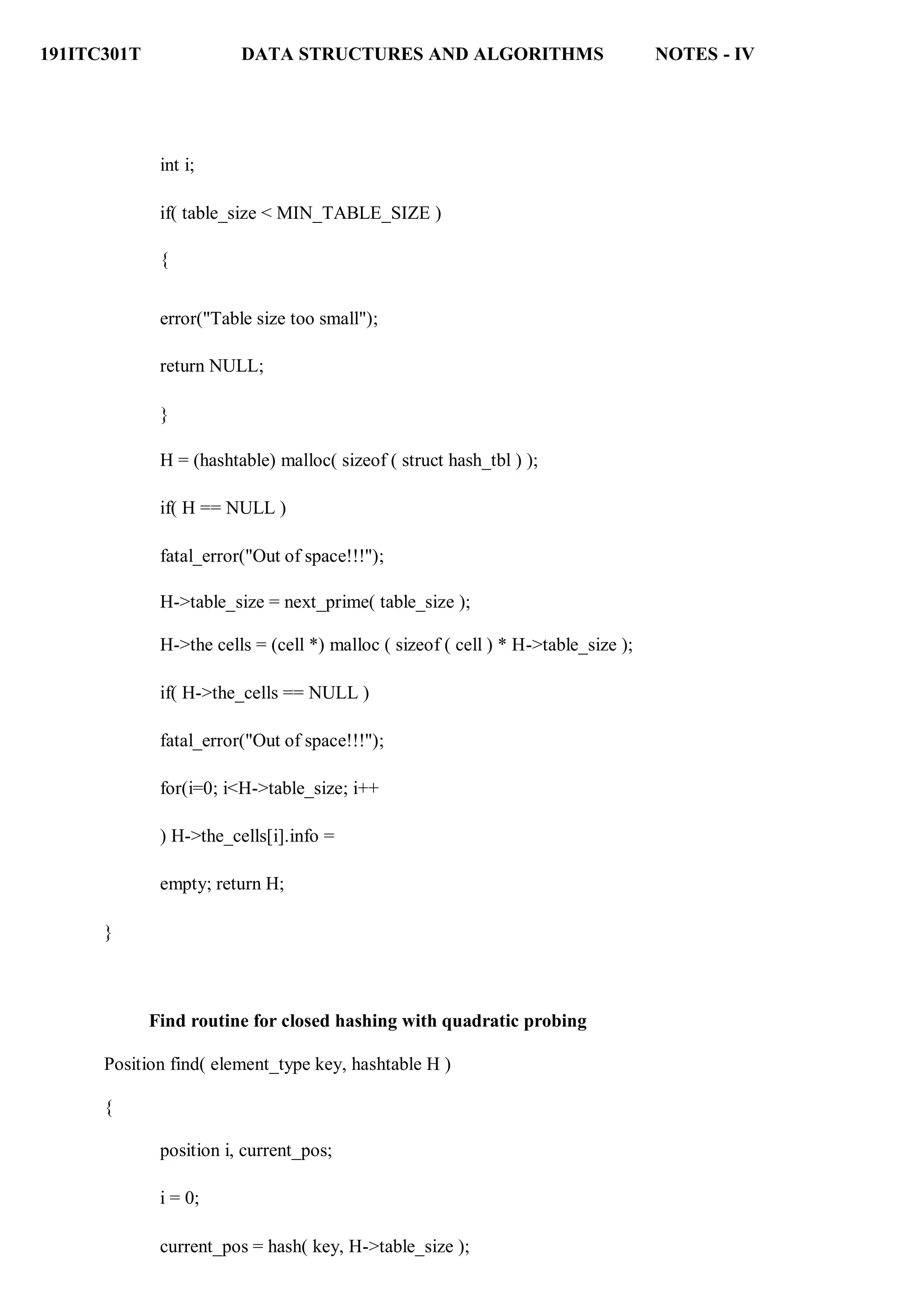 191ITC301T DATA STRUCTURES AND ALGORITHMS NOTES - IV
int i;
if( table_size < MIN_TABLE_SIZE )
{
error("Table size too small");
return NULL;
}
H = (hashtable) malloc( sizeof ( struct hash_tbl ) );
if( H == NULL )
fatal_error("Out of space!!!");
H->table_size = next_prime( table_size );
H->the cells = (cell *) malloc ( sizeof ( cell ) * H->table_size );
if( H->the_cells == NULL )
fatal_error("Out of space!!!");
for(i=0; i<H->table_size; i++
) H->the_cells[i].info =
empty; return H;
}
Find routine for closed hashing with quadratic probing
Position find( element_type key, hashtable H )
{
position i, current_pos;
i = 0;
current_pos = hash( key, H->table_size );
 