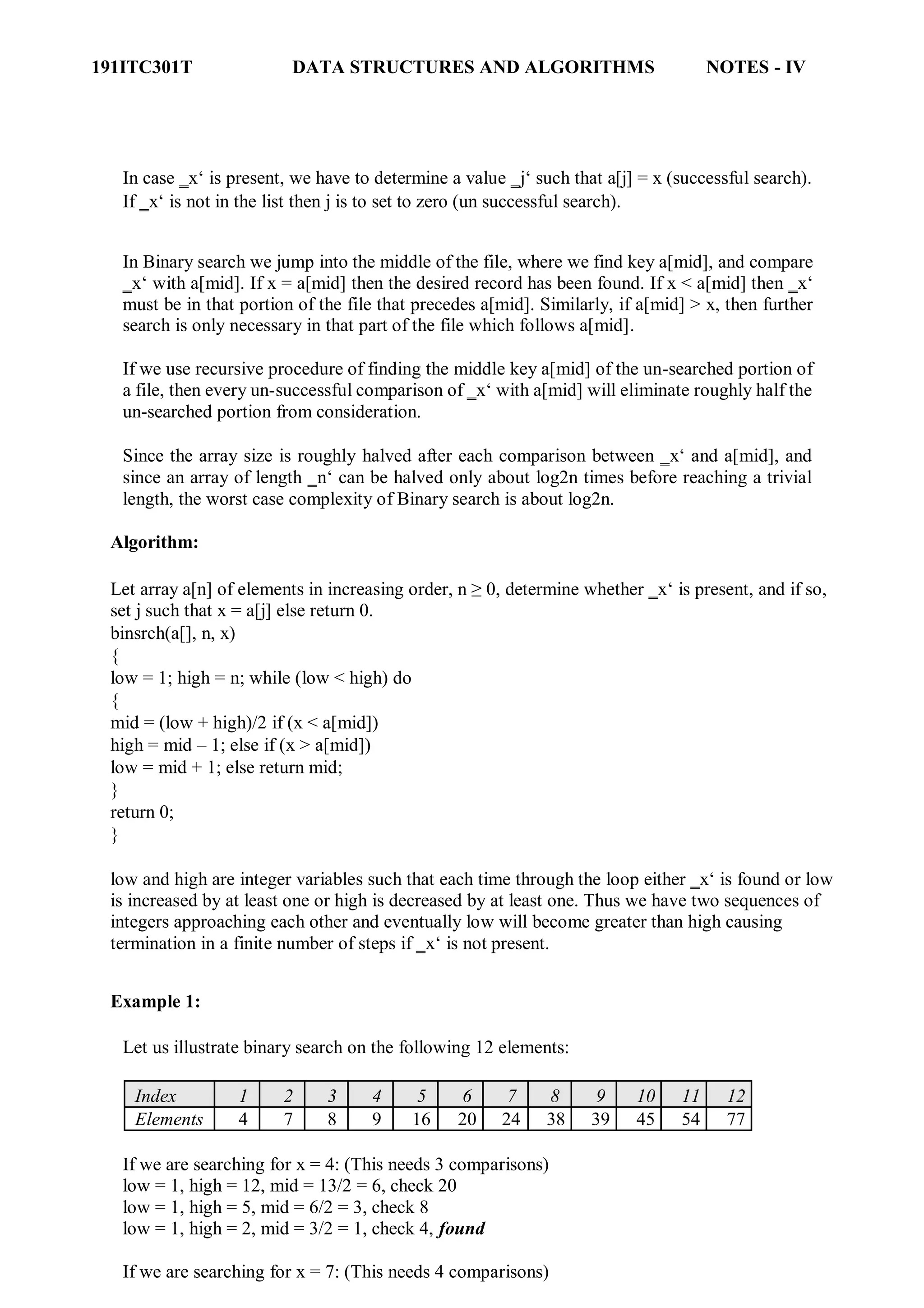 191ITC301T DATA STRUCTURES AND ALGORITHMS NOTES - IV
In case ‗x‘ is present, we have to determine a value ‗j‘ such that a[j] = x (successful search).
If ‗x‘ is not in the list then j is to set to zero (un successful search).
In Binary search we jump into the middle of the file, where we find key a[mid], and compare
‗x‘ with a[mid]. If x = a[mid] then the desired record has been found. If x < a[mid] then ‗x‘
must be in that portion of the file that precedes a[mid]. Similarly, if a[mid] > x, then further
search is only necessary in that part of the file which follows a[mid].
If we use recursive procedure of finding the middle key a[mid] of the un-searched portion of
a file, then every un-successful comparison of ‗x‘ with a[mid] will eliminate roughly half the
un-searched portion from consideration.
Since the array size is roughly halved after each comparison between ‗x‘ and a[mid], and
since an array of length ‗n‘ can be halved only about log2n times before reaching a trivial
length, the worst case complexity of Binary search is about log2n.
Algorithm:
Let array a[n] of elements in increasing order, n ≥ 0, determine whether ‗x‘ is present, and if so,
set j such that x = a[j] else return 0.
binsrch(a[], n, x)
{
low = 1; high = n; while (low < high) do
{
mid = (low + high)/2 if (x < a[mid])
high = mid – 1; else if (x > a[mid])
low = mid + 1; else return mid;
}
return 0;
}
low and high are integer variables such that each time through the loop either ‗x‘ is found or low
is increased by at least one or high is decreased by at least one. Thus we have two sequences of
integers approaching each other and eventually low will become greater than high causing
termination in a finite number of steps if ‗x‘ is not present.
Example 1:
Let us illustrate binary search on the following 12 elements:
Index 1 2 3 4 5 6 7 8 9 10 11 12
Elements 4 7 8 9 16 20 24 38 39 45 54 77
If we are searching for x = 4: (This needs 3 comparisons)
low = 1, high = 12, mid = 13/2 = 6, check 20
low = 1, high = 5, mid = 6/2 = 3, check 8
low = 1, high = 2, mid = 3/2 = 1, check 4, found
If we are searching for x = 7: (This needs 4 comparisons)
 