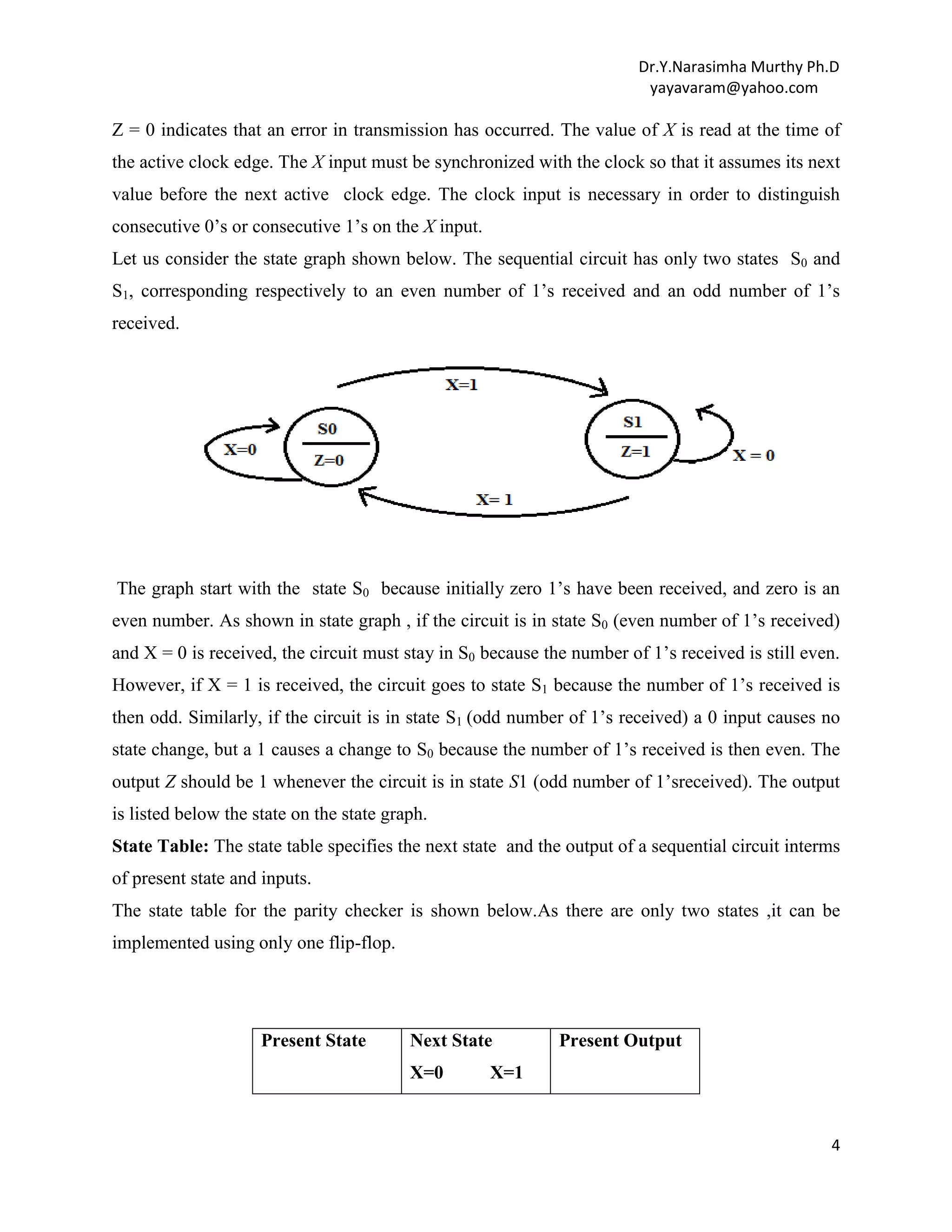 Dr.Y.Narasimha Murthy Ph.D
yayavaram@yahoo.com

Z = 0 indicates that an error in transmission has occurred. The value of X is read at the time of
the active clock edge. The X input must be synchronized with the clock so that it assumes its next
value before the next active clock edge. The clock input is necessary in order to distinguish
consecutive 0‟s or consecutive 1‟s on the X input.
Let us consider the state graph shown below. The sequential circuit has only two states S0 and
S1, corresponding respectively to an even number of 1‟s received and an odd number of 1‟s
received.

The graph start with the state S0 because initially zero 1‟s have been received, and zero is an
even number. As shown in state graph , if the circuit is in state S0 (even number of 1‟s received)
and X = 0 is received, the circuit must stay in S0 because the number of 1‟s received is still even.
However, if X = 1 is received, the circuit goes to state S1 because the number of 1‟s received is
then odd. Similarly, if the circuit is in state S1 (odd number of 1‟s received) a 0 input causes no
state change, but a 1 causes a change to S0 because the number of 1‟s received is then even. The
output Z should be 1 whenever the circuit is in state S1 (odd number of 1‟sreceived). The output
is listed below the state on the state graph.
State Table: The state table specifies the next state and the output of a sequential circuit interms
of present state and inputs.
The state table for the parity checker is shown below.As there are only two states ,it can be
implemented using only one flip-flop.

Present State

Next State
X=0

Present Output

X=1

4

 