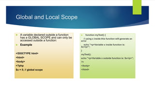 Global and Local Scope
 A variable declared outside a function
has a GLOBAL SCOPE and can only be
accessed outside a function:
 Example
<!DOCTYPE html>
<html>
<body>
<?php
$x = 5; // global scope
 function myTest() {
// using x inside this function will generate an
error
echo "<p>Variable x inside function is:
$x</p>";
}
myTest();
echo "<p>Variable x outside function is: $x</p>";
?>
</body>
</html>
 