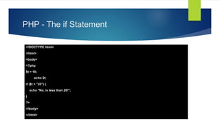 PHP - The if Statement
<!DOCTYPE html>
<html>
<body>
<?php
$t = 10;
echo $t;
if ($t < "20") {
echo "No. is less than 20!";
}
?>
</body>
</html>
 