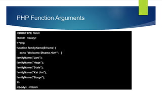 PHP Function Arguments
<!DOCTYPE html>
<html> <body>
<?php
function familyName($fname) {
echo "Welcome $fname.<br>"; }
familyName("Jani");
familyName("Hege");
familyName("Stale");
familyName("Kai Jim");
familyName("Borge");
?>
</body> </html>
 
