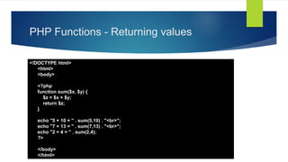 PHP Functions - Returning values
<!DOCTYPE html>
<html>
<body>
<?php
function sum($x, $y) {
$z = $x + $y;
return $z;
}
echo "5 + 10 = " . sum(5,10) . "<br>";
echo "7 + 13 = " . sum(7,13) . "<br>";
echo "2 + 4 = " . sum(2,4);
?>
</body>
</html>
 