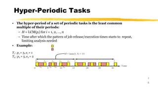 Hyper-Periodic Tasks
1
6
• The hyper-period of a set of periodic tasks is the least common
multiple of their periods:
– H = LCM(pi) for i = 1, 2, …, n
– Time after which the pattern of job release/execution times starts to repeat,
limiting analysis needed
• Example:
T1 : p1 = 3, e1 = 1
T2 : p2 = 5, e2 = 2
 