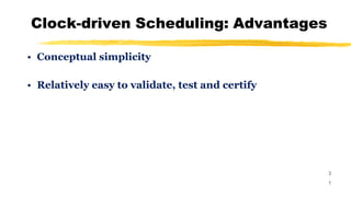 Clock-driven Scheduling: Advantages
3
1
• Conceptual simplicity
• Relatively easy to validate, test and certify
 