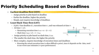 Priority Scheduling Based on Deadlines
4
0
• Earliest deadline first (EDF)
– Assign priority to jobs based on deadline
– Earlier the deadline, higher the priority
– Simple, just requires knowledge of deadlines
• Least Slack Time first (LST)
– A job J i has deadline d i, execution time e i, and was released at time ri
– At time t < d i:
• Remaining execution time t rem = e i - (t – ri)
• Slack time t slack = d i – t – trem
– Assign priority to jobs based on slack time, t slack
– The smaller the slack time, the higher the priority
– More complex, requires knowledge of execution times and deadlines
• Knowing the actual execution time is often difficult a priori, since it depends on the data, need
to use worst case estimates (⇒ poor performance)
ei
di
ri
t
tREM
 