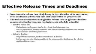 Effective Release Times and Deadlines
4
2
• Sometimes the release time of a job may be later than that of its successors,
or its deadline may be earlier than that specified for its predecessors
• This makes no sense: derive an effective release time or effective deadline
consistent with all precedence constraints, and schedule using that
– Effective release time
• If a job has no predecessors, its effective release time is its release time
• If it has predecessors, its effective release time is the maximum of its release time and the
effective release times of its predecessors
– Effective deadline
• If a job has no successors, its effective deadline is its deadline
• It if has successors, its effective deadline is the minimum of its deadline and the effective
deadline of its successors
 