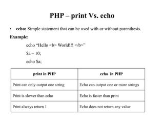 PHP – print Vs. echo
• echo: Simple statement that can be used with or without parenthesis.
Example:
echo “Hello <b> World!!! </b>”
$a – 10;
echo $a;
print in PHP echo in PHP
Print can only output one string Echo can output one or more strings
Print is slower than echo Echo is faster than print
Print always return 1 Echo does not return any value
 