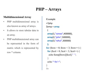 PHP – Arrays
Multidimensional Array
• PHP multidimensional array is
also known as array of arrays.
• It allows to store tabular data in
an array.
• PHP multidimensional array can
be represented in the form of
matrix which is represented by
row * column.
Example
<?php
$emp = array
(
array(1,"sonoo",400000),
array(2,"john",500000),
array(3,"rahul",300000)
);
for ($row = 0; $row < 3; $row++) {
for ($col = 0; $col < 3; $col++) {
echo $emp[$row][$col]." ";
}
echo "<br/>";
}
?>
 