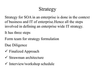 Strategy
Strategy for SOA in an enterprise is done in the context
of business and IT of enterprise.Hence all the steps
involved in defining an enterprise wide IT strategy.
It has three steps
Form team for strategy formulation
Due Diligence
 Finalized Approach
 Strawman architecture
 Interview/workshop schedule
 