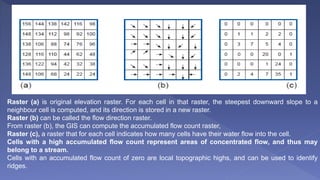 Raster (a) is original elevation raster. For each cell in that raster, the steepest downward slope to a
neighbour cell is computed, and its direction is stored in a new raster.
Raster (b) can be called the flow direction raster.
From raster (b), the GIS can compute the accumulated flow count raster,
Raster (c), a raster that for each cell indicates how many cells have their water flow into the cell.
Cells with a high accumulated flow count represent areas of concentrated flow, and thus may
belong to a stream.
Cells with an accumulated flow count of zero are local topographic highs, and can be used to identify
ridges.
 