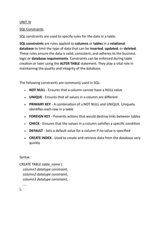 onstraints in SQL are rules applied on table columns to restrict the ...