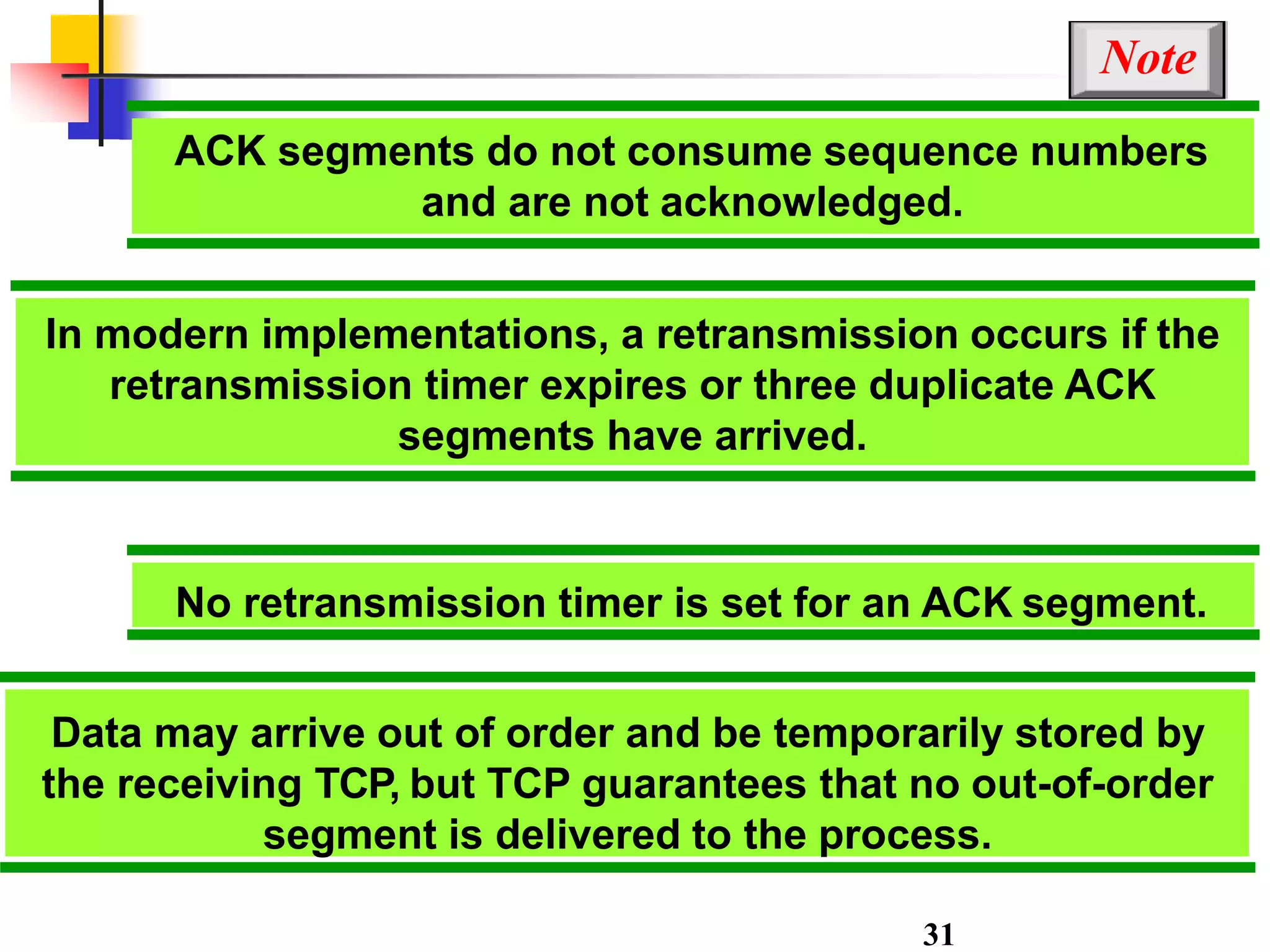 Note
ACK segments do not consume sequence numbers
and are not acknowledged.
In modern implementations, a retransmission occurs if the
retransmission timer expires or three duplicate ACK
segments have arrived.
No retransmission timer is set for an ACK segment.
Data may arrive out of order and be temporarily stored by
the receiving TCP, but TCP guarantees that no out-of-order
segment is delivered to the process.
31
 