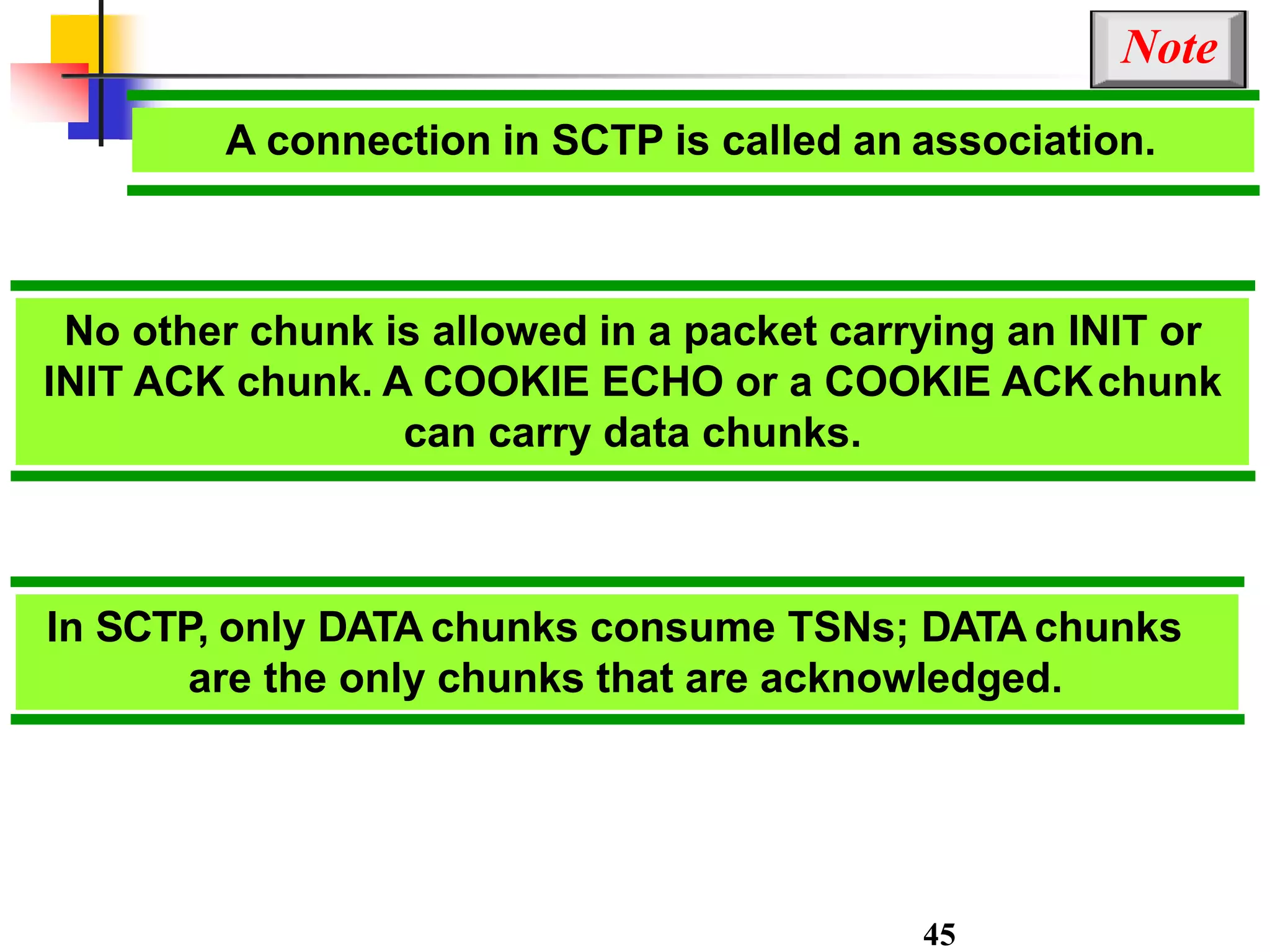 A connection in SCTP is called an association.
Note
No other chunk is allowed in a packet carrying an INIT or
INIT ACK chunk. A COOKIE ECHO or a COOKIE ACKchunk
can carry data chunks.
In SCTP, only DATA chunks consume TSNs; DATA chunks
are the only chunks that are acknowledged.
45
 