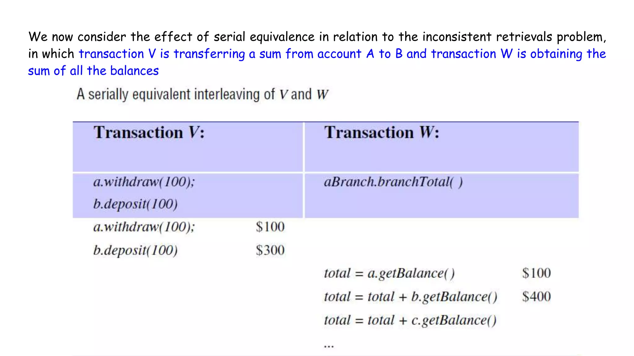 We now consider the effect of serial equivalence in relation to the inconsistent retrievals problem,
in which transaction V is transferring a sum from account A to B and transaction W is obtaining the
sum of all the balances
 