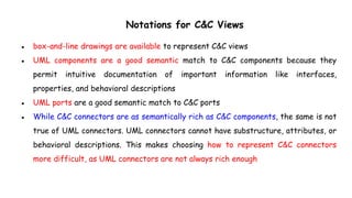 Notations for C&C Views
● box-and-line drawings are available to represent C&C views
● UML components are a good semantic match to C&C components because they
permit intuitive documentation of important information like interfaces,
properties, and behavioral descriptions
● UML ports are a good semantic match to C&C ports
● While C&C connectors are as semantically rich as C&C components, the same is not
true of UML connectors. UML connectors cannot have substructure, attributes, or
behavioral descriptions. This makes choosing how to represent C&C connectors
more difficult, as UML connectors are not always rich enough
 
