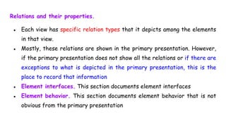 Relations and their properties.
● Each view has specific relation types that it depicts among the elements
in that view.
● Mostly, these relations are shown in the primary presentation. However,
if the primary presentation does not show all the relations or if there are
exceptions to what is depicted in the primary presentation, this is the
place to record that information
● Element interfaces. This section documents element interfaces
● Element behavior. This section documents element behavior that is not
obvious from the primary presentation
 