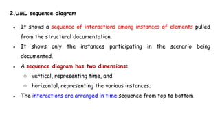 2.UML sequence diagram
● It shows a sequence of interactions among instances of elements pulled
from the structural documentation.
● It shows only the instances participating in the scenario being
documented.
● A sequence diagram has two dimensions:
○ vertical, representing time, and
○ horizontal, representing the various instances.
● The interactions are arranged in time sequence from top to bottom
 