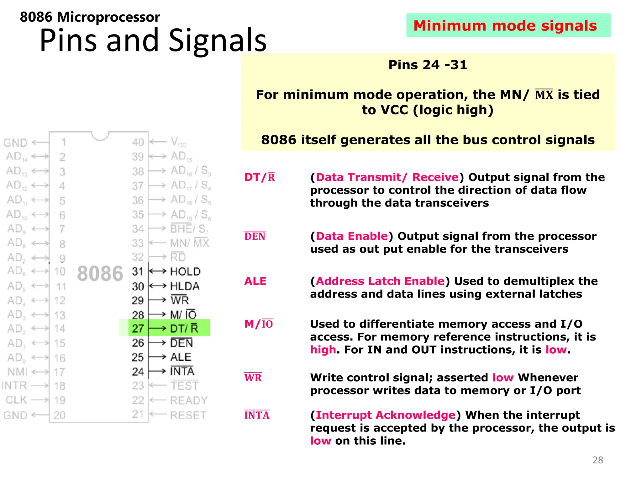 Pins and Signals
8086 Microprocessor
Pins 24 -31
For minimum mode operation, the MN/ 𝐌𝐗 is tied
to VCC (logic high)
8086 itself generates all the bus control signals
DT/𝐑 (Data Transmit/ Receive) Output signal from the
processor to control the direction of data flow
through the data transceivers
𝐃𝐄𝐍 (Data Enable) Output signal from the processor
used as out put enable for the transceivers
ALE (Address Latch Enable) Used to demultiplex the
address and data lines using external latches
M/𝐈𝐎 Used to differentiate memory access and I/O
access. For memory reference instructions, it is
high. For IN and OUT instructions, it is low.
𝐖𝐑 Write control signal; asserted low Whenever
processor writes data to memory or I/O port
𝐈𝐍𝐓𝐀 (Interrupt Acknowledge) When the interrupt
request is accepted by the processor, the output is
low on this line.
28
Minimum mode signals
 