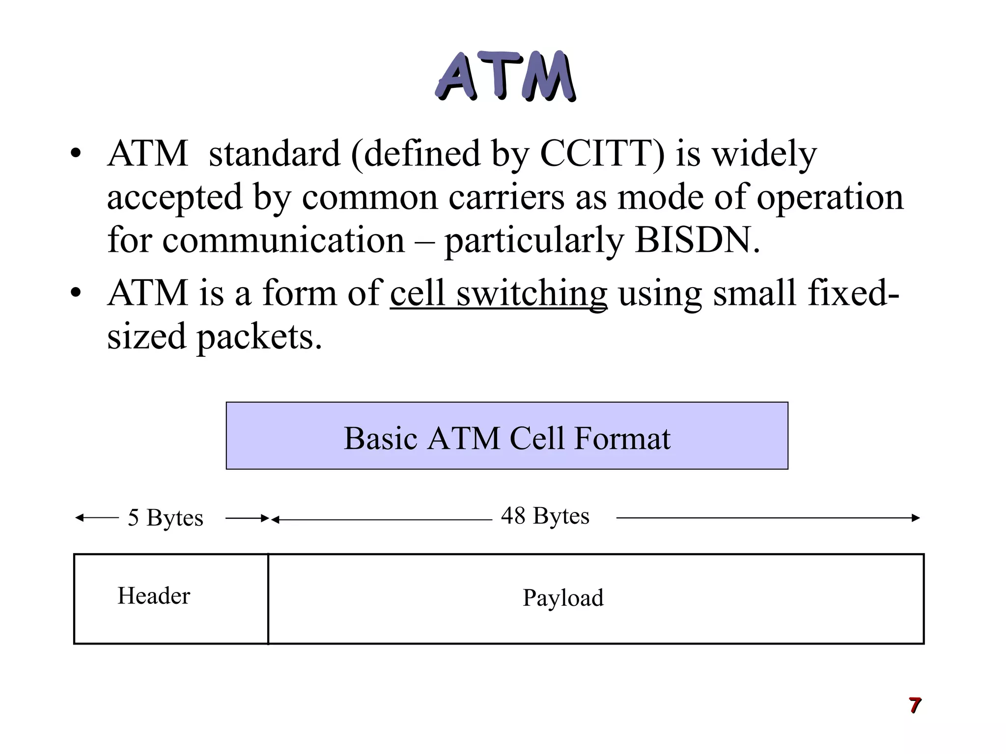 ATM ATM  standard (defined by CCITT) is widely accepted by common carriers as mode of operation for communication – particularly BISDN. ATM is a form of  cell switching  using small fixed-sized packets.  Header Payload 5 Bytes 48 Bytes Basic ATM Cell Format 