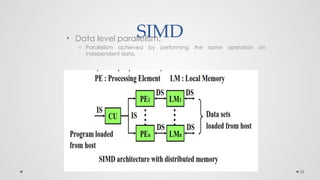 28
SIMD
• Data level parallelism:
o Parallelism achieved by performing the same operation on
independent data.
 