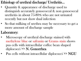 Ethiology of urethral discharge/ Urethritis…
• Quantity & appearance of discharge used to
distinguish accurately gonococcal & non gonococcal
urethritis in about 75-80% who are not urinated
recently but not show dual infection
• So that milking of urethra may be necessary to get a
more amount of discharge sample
Laboratory:
• Microscopy of urethral discharge stained with
methylene blue or safranin or Grams stain shows
pus cells with intracellular coffee bean shaped
diplococci >> N. Gonorrhea
• Pus cells without intracellular diplococci >> NGU
 