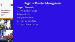 Stages of Disaster Management
Stages of Disaster
1. Pre disaster stage
Preparedness
Mitigation Phase
2. Emergency stage
3. Post disaster stage
 