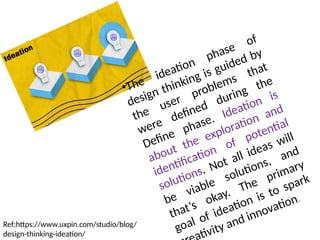 •The
ideation
phase
of
design thinking is guided by
the
user problems that
were defined during the
Define phase. Ideation is
about the exploration and
identification of potential
solutions. Not all ideas will
be viable solutions, and
that’s okay. The primary
goal of ideation is to spark
tivity and innovation.
Ref:https://www.uxpin.com/studio/blog/
design-thinking-ideation/
 