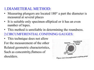 1.DIAMETERAL METHOD:
• Measuring plungers are located 180° a part the diameter is
measured at several places
• It is suitable only specimen elliptical or it has an even
number of lopes.
• This method is unreliable in determining the roundness.
2.CIRCUMFERENTIAL CONFINING GAUGES:
• This technique does not allow
For the measurement of the other
Related geometric characteristics,
Such as concentrity,flatness of
shoulders.
 