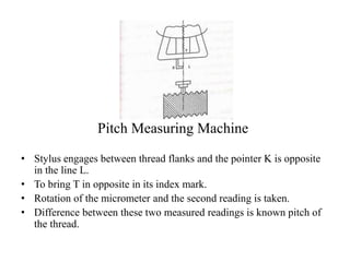 Pitch Measuring Machine
• Stylus engages between thread flanks and the pointer K is opposite
in the line L.
• To bring T in opposite in its index mark.
• Rotation of the micrometer and the second reading is taken.
• Difference between these two measured readings is known pitch of
the thread.
 