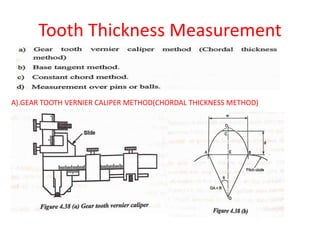Tooth Thickness Measurement
A).GEAR TOOTH VERNIER CALIPER METHOD(CHORDAL THICKNESS METHOD)
 