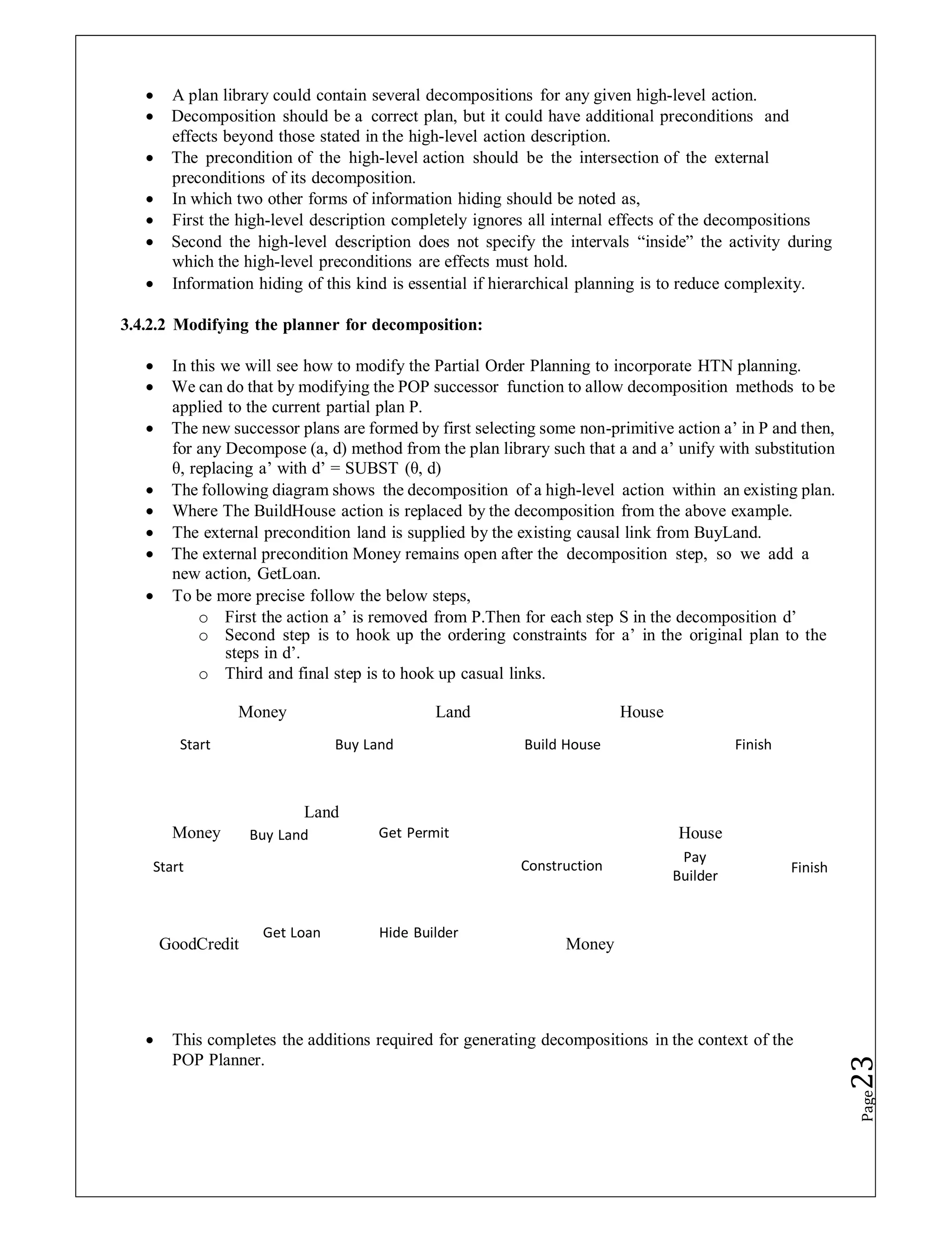  A plan library could contain several decompositions for any given high-level action.
 Decomposition should be a correct plan, but it could have additional preconditions and
effects beyond those stated in the high-level action description.
 The precondition of the high-level action should be the intersection of the external
preconditions of its decomposition.
 In which two other forms of information hiding should be noted as,
 First the high-level description completely ignores all internal effects of the decompositions
 Second the high-level description does not specify the intervals “inside” the activity during
which the high-level preconditions are effects must hold.
 Information hiding of this kind is essential if hierarchical planning is to reduce complexity.
3.4.2.2 Modifying the planner for decomposition:
 In this we will see how to modify the Partial Order Planning to incorporate HTN planning.
 We can do that by modifying the POP successor function to allow decomposition methods to be
applied to the current partial plan P.
 The new successor plans are formed by first selecting some non-primitive action a’ in P and then,
for any Decompose (a, d) method from the plan library such that a and a’ unify with substitution
θ, replacing a’ with d’ = SUBST (θ, d)
 The following diagram shows the decomposition of a high-level action within an existing plan.
 Where The BuildHouse action is replaced by the decomposition from the above example.
 The external precondition land is supplied by the existing causal link from BuyLand.
 The external precondition Money remains open after the decomposition step, so we add a
new action, GetLoan.
 To be more precise follow the below steps,
o First the action a’ is removed from P.Then for each step S in the decomposition d’
o Second step is to hook up the ordering constraints for a’ in the original plan to the
steps in d’.
o Third and final step is to hook up casual links.
Money Land House
Start Buy Land Build House Finish
Money
Start
Land
Buy Land Get Permit House
Construction
Pay
Builder
Finish
GoodCredit
Get Loan Hide Builder
Money
 This completes the additions required for generating decompositions in the context of the
POP Planner.
Page
23
 
