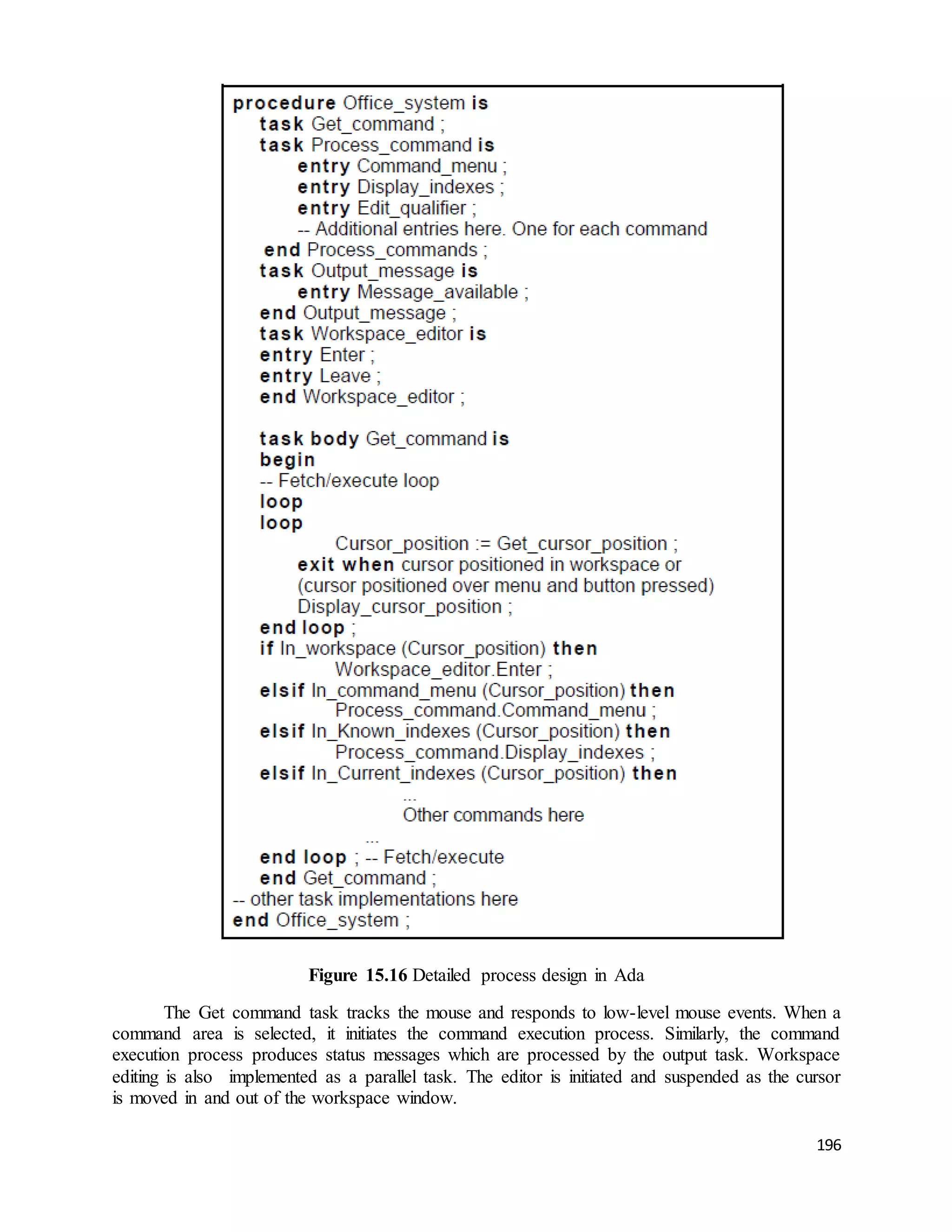 196 
Figure 15.16 Detailed process design in Ada 
The Get command task tracks the mouse and responds to low-level mouse events. When a 
command area is selected, it initiates the command execution process. Similarly, the command 
execution process produces status messages which are processed by the output task. Workspace 
editing is also implemented as a parallel task. The editor is initiated and suspended as the cursor 
is moved in and out of the workspace window. 
 