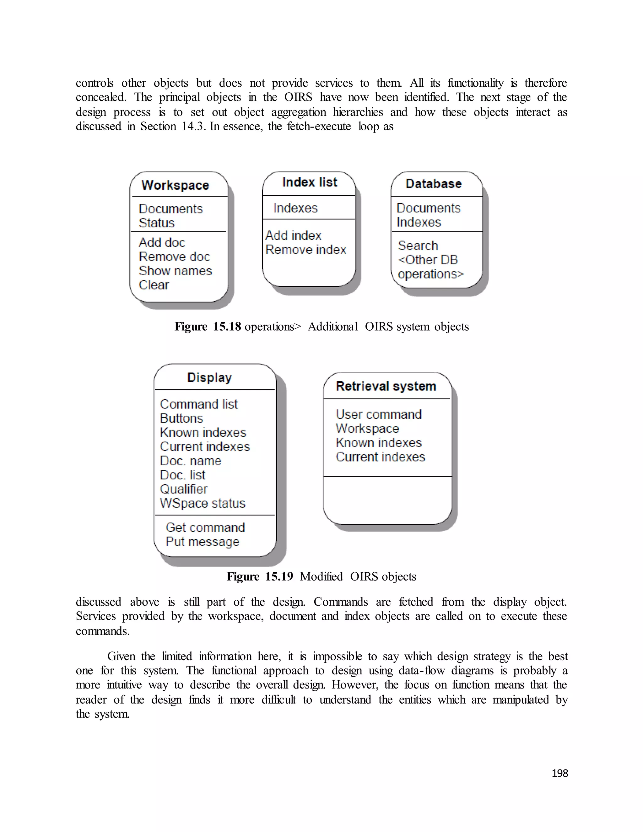 controls other objects but does not provide services to them. All its functionality is therefore 
concealed. The principal objects in the OIRS have now been identified. The next stage of the 
design process is to set out object aggregation hierarchies and how these objects interact as 
discussed in Section 14.3. In essence, the fetch-execute loop as 
198 
Figure 15.18 operations> Additional OIRS system objects 
Figure 15.19 Modified OIRS objects 
discussed above is still part of the design. Commands are fetched from the display object. 
Services provided by the workspace, document and index objects are called on to execute these 
commands. 
Given the limited information here, it is impossible to say which design strategy is the best 
one for this system. The functional approach to design using data-flow diagrams is probably a 
more intuitive way to describe the overall design. However, the focus on function means that the 
reader of the design finds it more difficult to understand the entities which are manipulated by 
the system. 
 