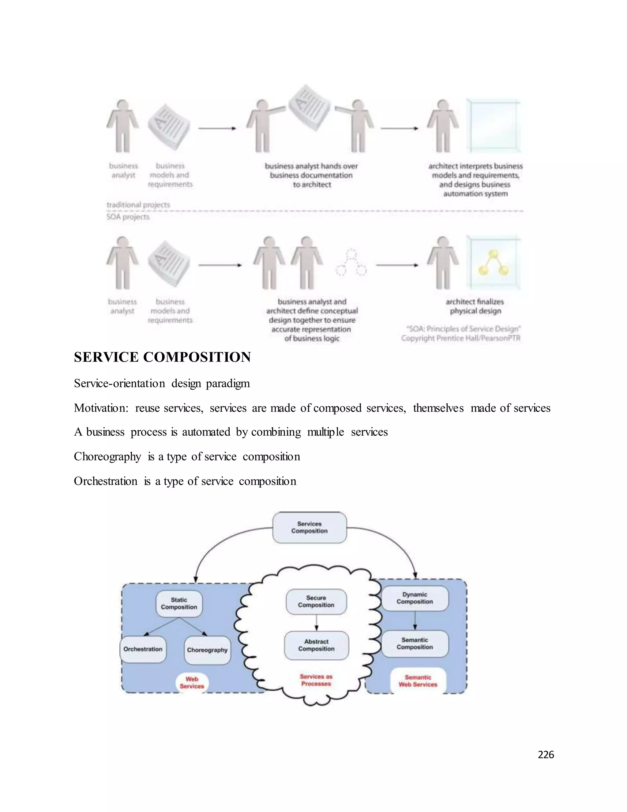 226 
SERVICE COMPOSITION 
Service-orientation design paradigm 
Motivation: reuse services, services are made of composed services, themselves made of services 
A business process is automated by combining multiple services 
Choreography is a type of service composition 
Orchestration is a type of service composition 
 