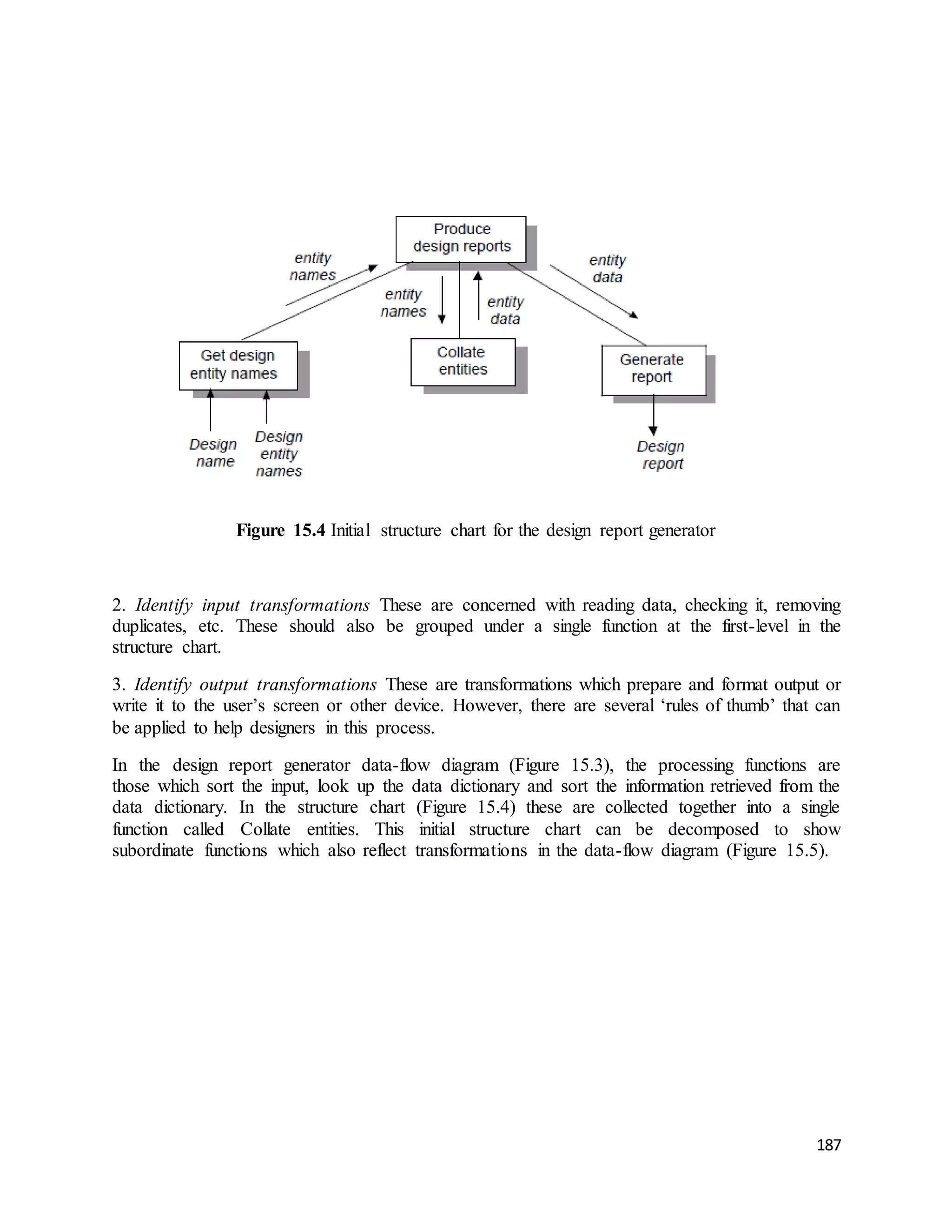 187 
Figure 15.4 Initial structure chart for the design report generator 
2. Identify input transformations These are concerned with reading data, checking it, removing 
duplicates, etc. These should also be grouped under a single function at the first-level in the 
structure chart. 
3. Identify output transformations These are transformations which prepare and format output or 
write it to the user’s screen or other device. However, there are several ‘rules of thumb’ that can 
be applied to help designers in this process. 
In the design report generator data-flow diagram (Figure 15.3), the processing functions are 
those which sort the input, look up the data dictionary and sort the information retrieved from the 
data dictionary. In the structure chart (Figure 15.4) these are collected together into a single 
function called Collate entities. This initial structure chart can be decomposed to show 
subordinate functions which also reflect transformations in the data-flow diagram (Figure 15.5). 
 