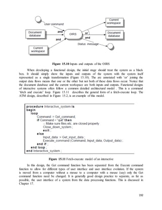192 
Figure 15.10 Inputs and outputs of the OIRS 
When developing a functional design, the initial stage should treat the system as a black 
box. It should simply show the inputs and outputs of the system with the system itself 
represented as a single transformation (Figure 15.10). The arc annotated with ‘or’ joining the 
output data flows means that one or the other but not both of these data flows occur. Notice that 
the document database and the current workspace are both inputs and outputs. Functional designs 
of interactive systems often follow a common detailed architectural model . This is a command 
‘fetch and execute’ loop. Figure 15.11 describes the general form of a fetch-execute loop. The 
ATM design, described in Figure 15.2, is an example of this model. 
Figure 15.11 Fetch-execute model of an interactive 
In this design, the Get command function has been separated from the Execute command 
function to allow for different types of user interface and user interface evolution. If the system 
is moved from a computer without a mouse to a computer with a mouse (say) only the Get 
command function need be changed. It is generally good design practice to separate, as far as 
possible, the user interface of a system from the data processing functions. This is discussed in 
Chapter 17. 
 