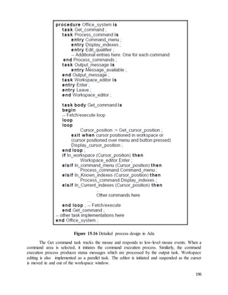 196 
Figure 15.16 Detailed process design in Ada 
The Get command task tracks the mouse and responds to low-level mouse events. When a 
command area is selected, it initiates the command execution process. Similarly, the command 
execution process produces status messages which are processed by the output task. Workspace 
editing is also implemented as a parallel task. The editor is initiated and suspended as the cursor 
is moved in and out of the workspace window. 
 